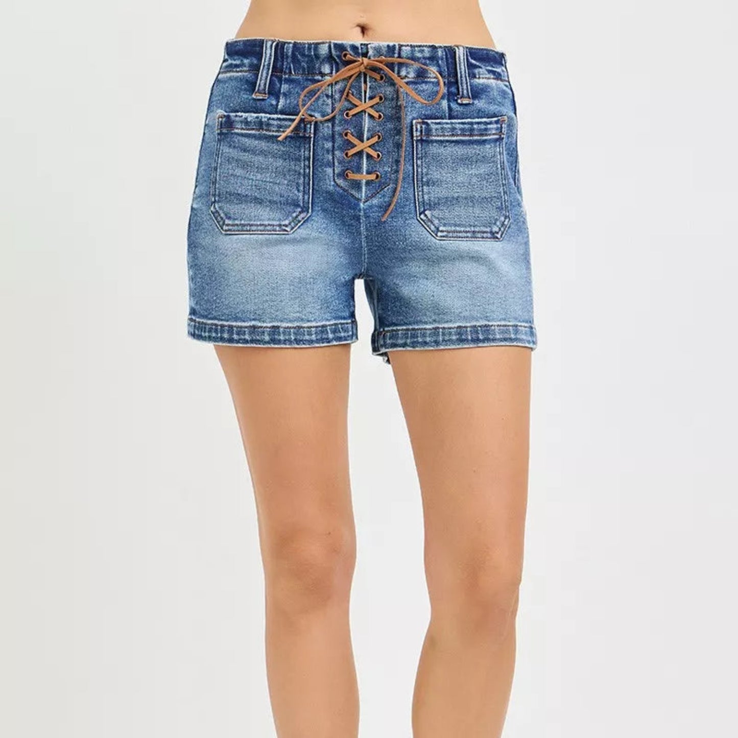 RISEN High Rise Front Tie Up Shorts with Patch Pockets in Medium Wash - Lifestyle View 3