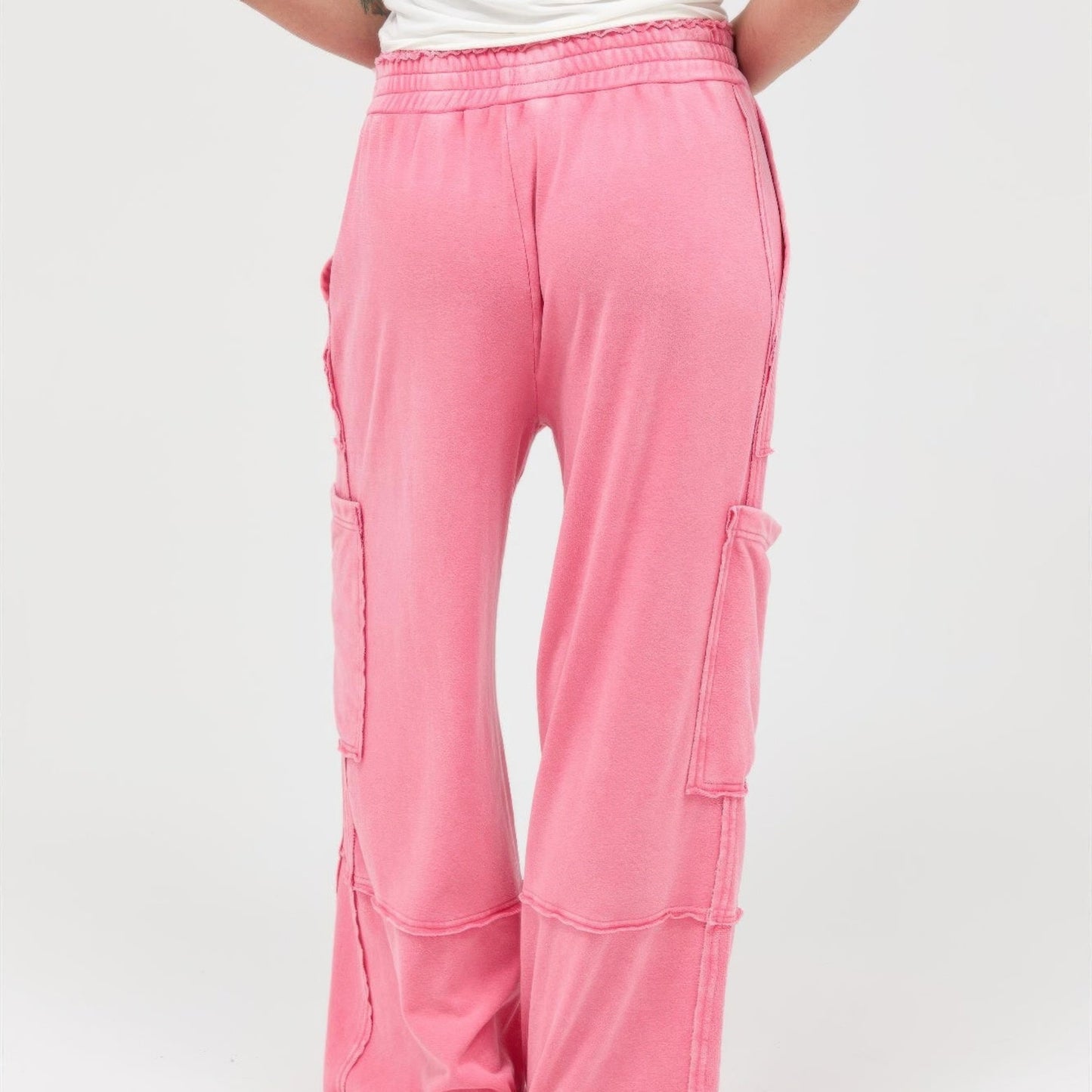 Mineral Wash Wide Leg Cargo Pants in Taffy Pink - Back View