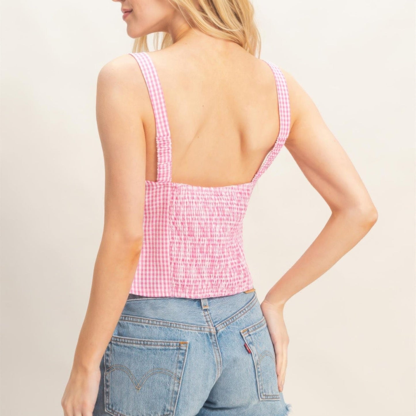 Gingham Tie Front Tank Top in Pink - Lifestyle View
