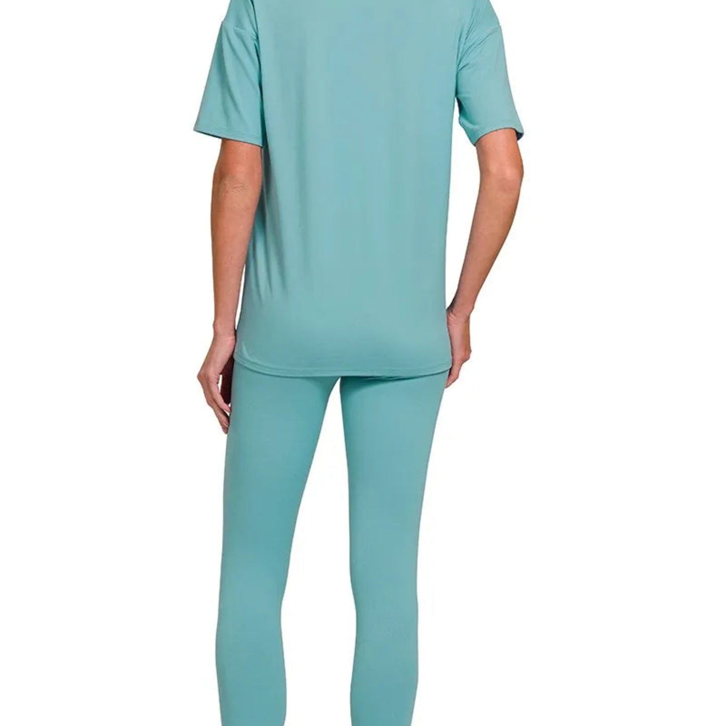 Back view of Zenana women's short sleeve top and cropped pants in Dusty Teal.