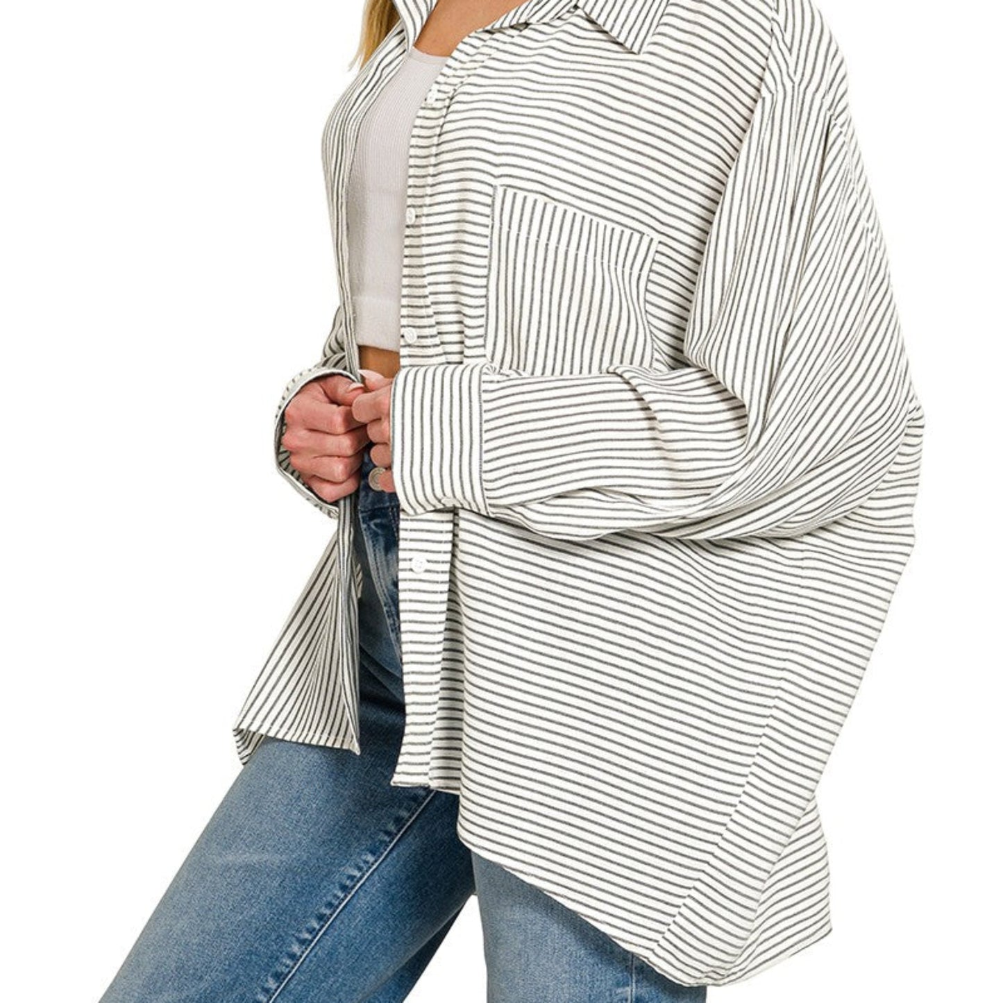 Detailed close-up of the soft woven rayon blend and crisp black stripe pattern.