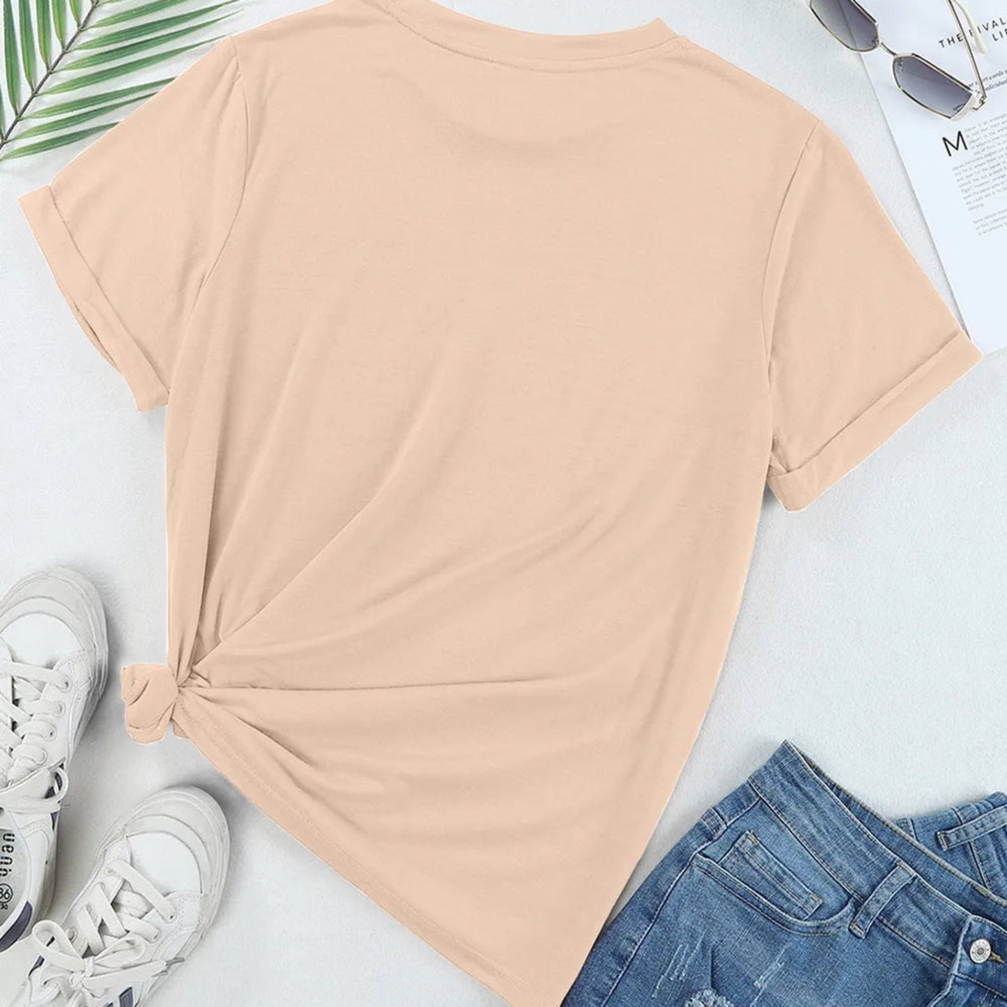 Cherry Graphic Round Neck Short Sleeve T-Shirt in Tan