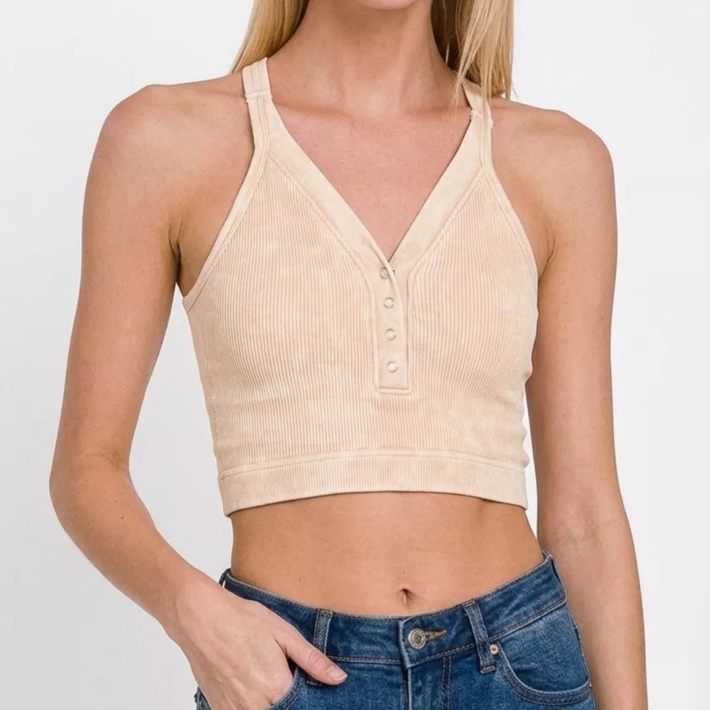 Zenana Washed Ribbed Seamless Button V-Neck Tank Top in Sand Beige - Detail View