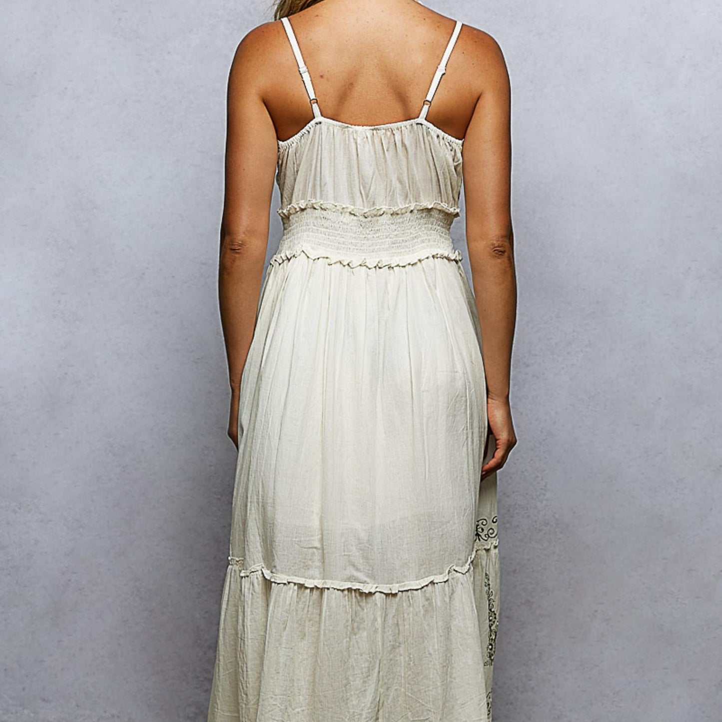 POL natural floral midi cami dress in printed cotton — back view.