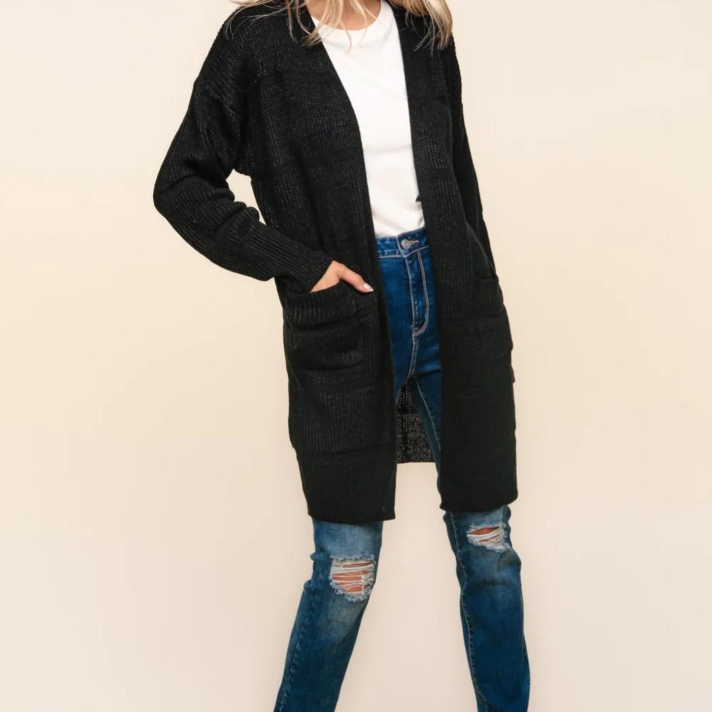 Lifestyle view of the Haptics black textured cardigan styled for an effortless everyday look.