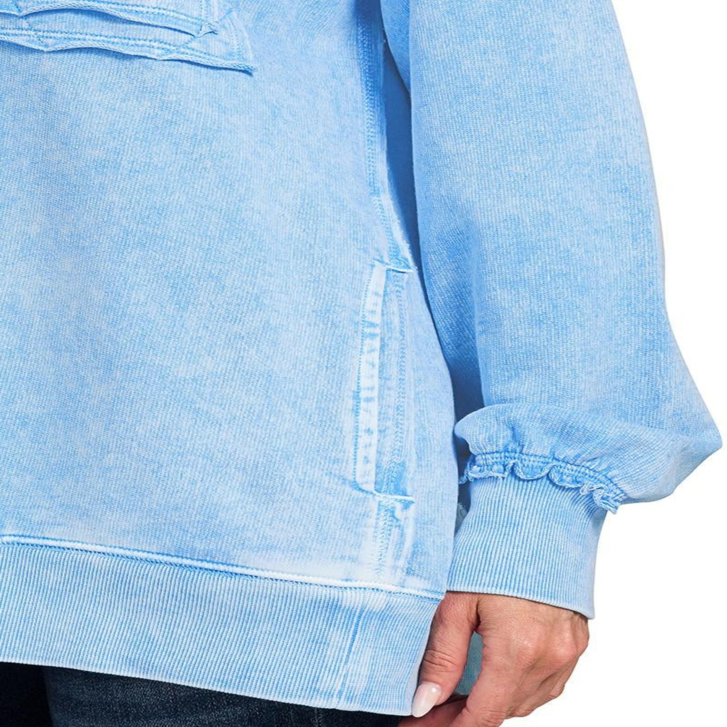 Zenana halo washed French terry sweatshirt sleeve detail sky blue exposed seam boutique top