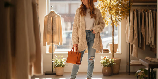 A stylishly layered autumn outfit featuring a longline knit cardigan, a textured mock neck top, and gold layered necklaces from Veloura Lane.
