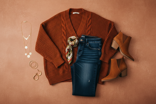 Women's fall outfit flat lay with oversized cardigan, high-waist denim jeans, ankle boots and gold jewelry on terracotta background