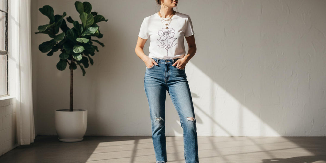 A variety of Judy Blue denim washes and cuts, including skinny, boyfriend, and flared jeans, styled for different occasions at Veloura Lane.
