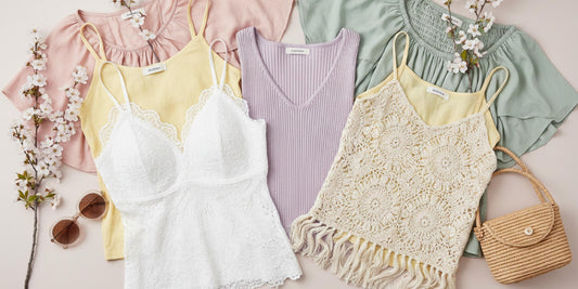 A curated collection of spring 2026 boutique tops featuring floral prints, pastel knits, and romantic puff-sleeve blouses from Veloura Lane.