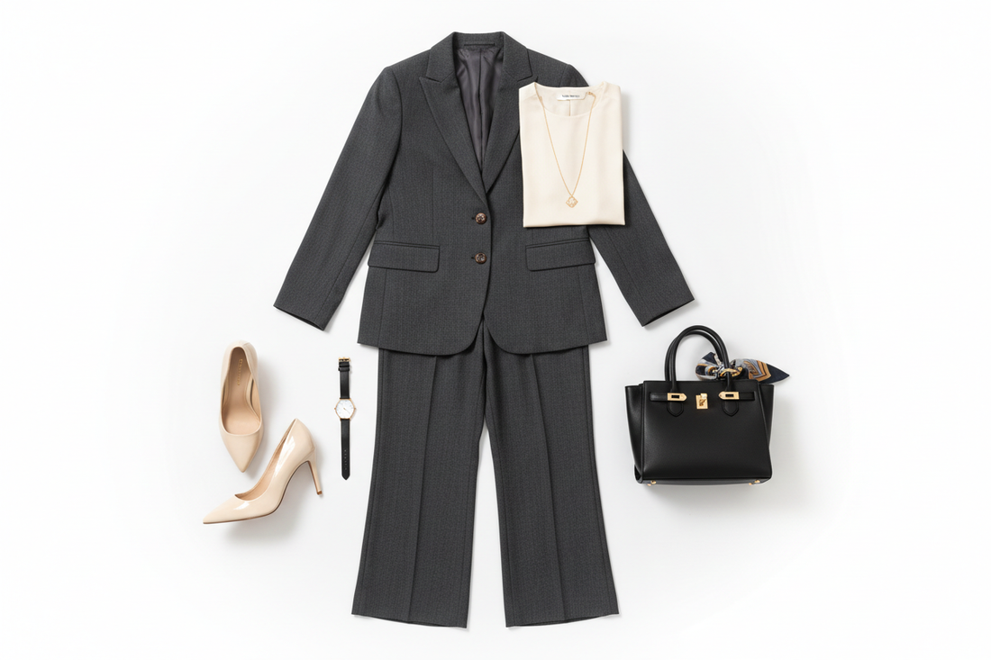 Women's workwear outfit flat lay with tailored blazer, wide-leg trousers, pointed-toe heels and structured handbag on white background