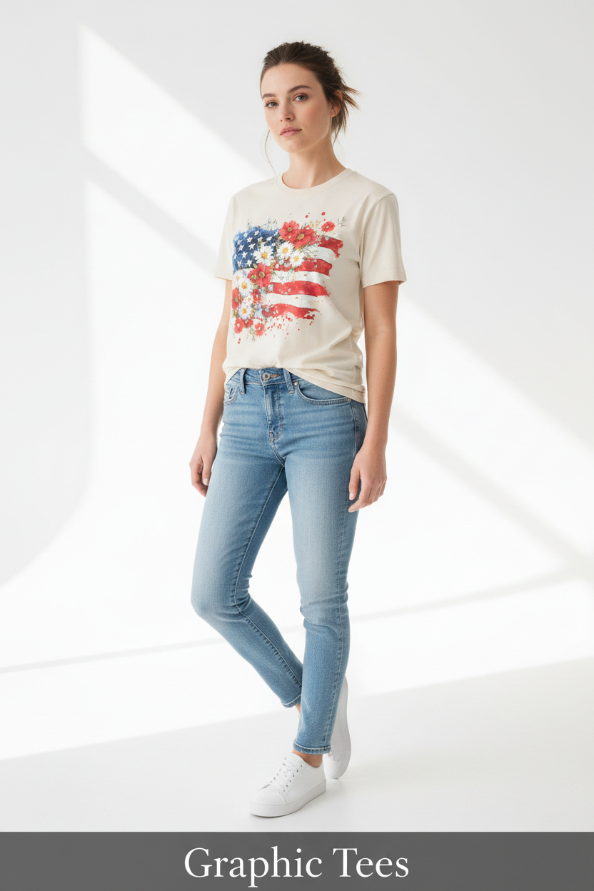 A lifestyle shot featuring a model in a vintage-wash botanical graphic tee and distressed denim in a bright, urban setting.