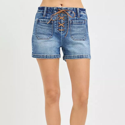 RISEN High Rise Front Tie Up Shorts with Patch Pockets in Medium Wash - Lifestyle View 3