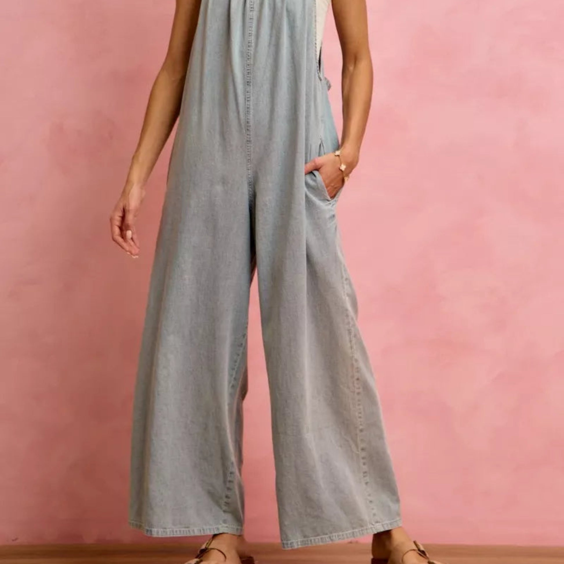 SO ME Wide Leg Lightweight Denim Overalls in Light Denim - Lifestyle View 1 