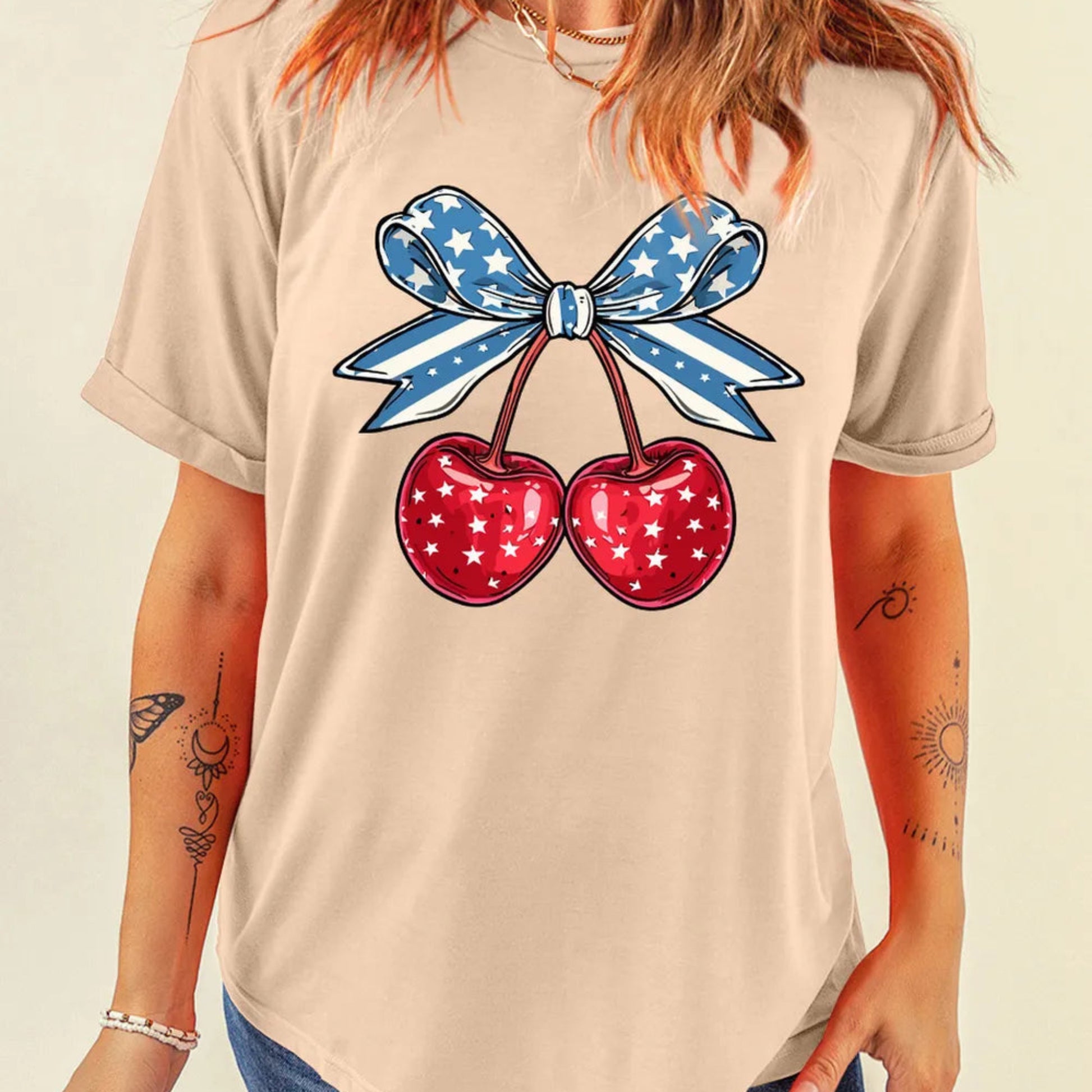 Cherry Graphic Round Neck Short Sleeve T-Shirt in Tan - Lifestyle View 1