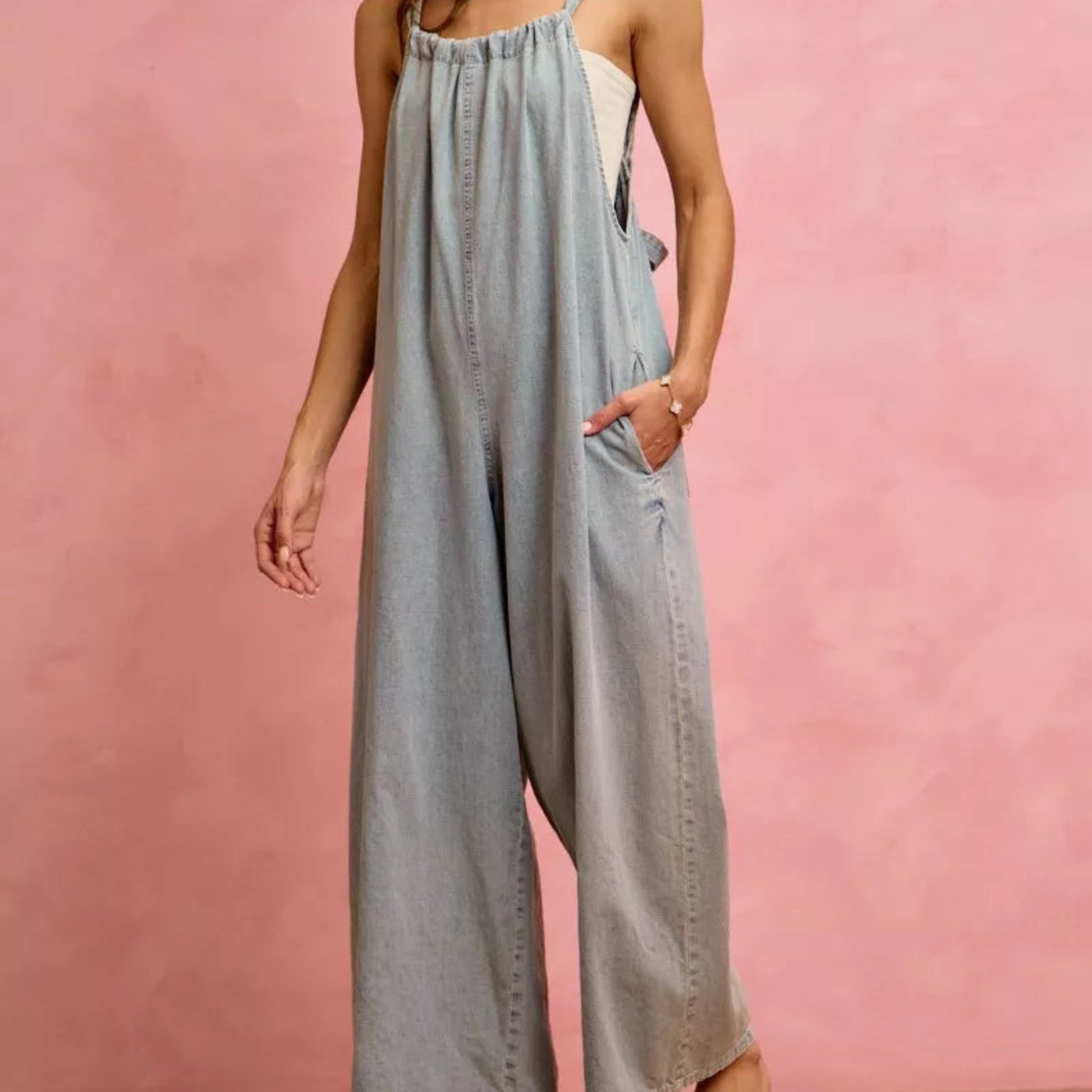 SO ME Wide Leg Lightweight Denim Overalls in Light Denim - Lifestyle View 7 