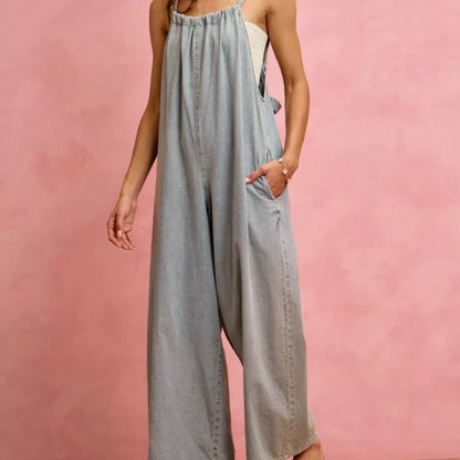 SO ME Wide Leg Lightweight Denim Overalls in Light Denim - Lifestyle View 7 