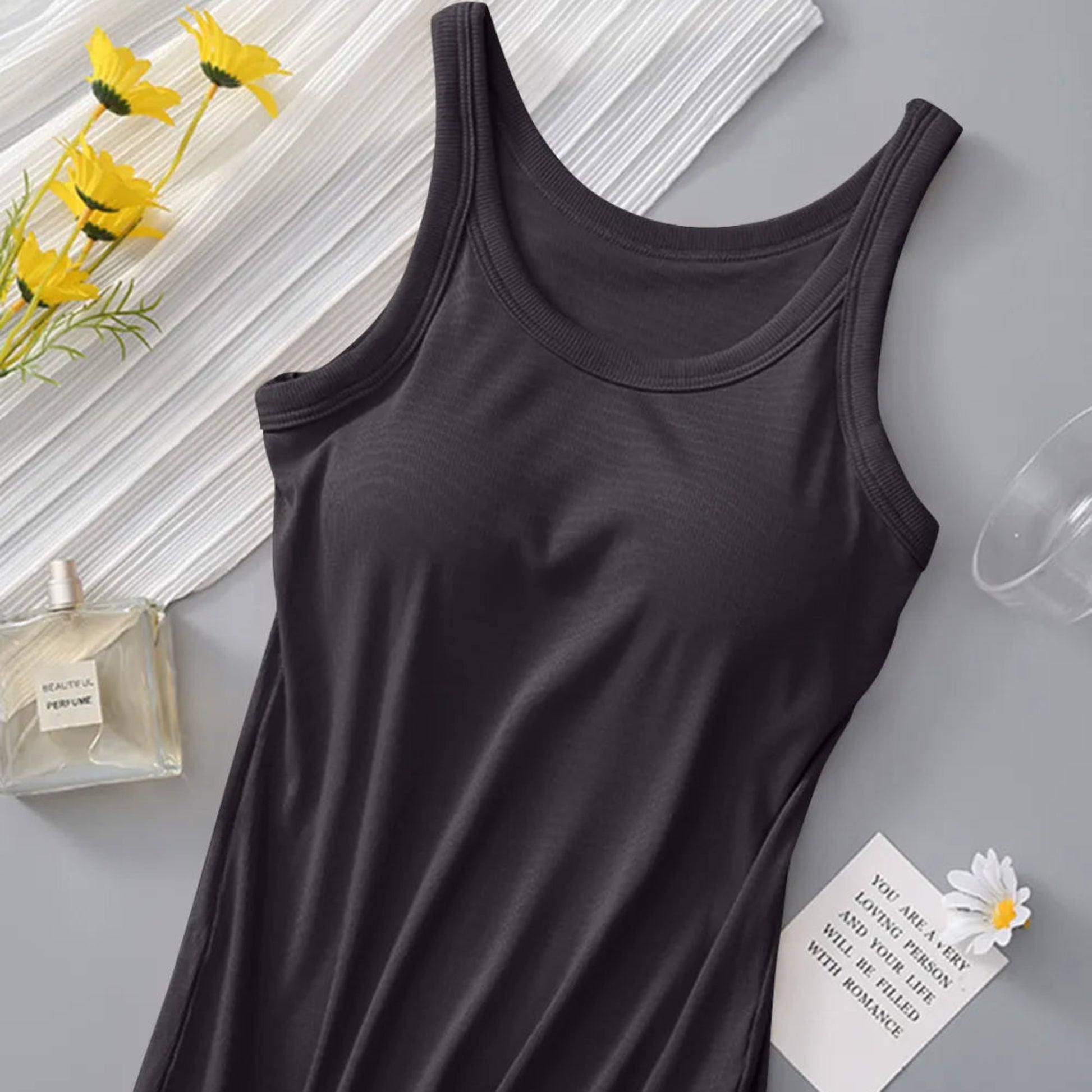 Round Neck Tank with Bra in Dark Gray - Front View