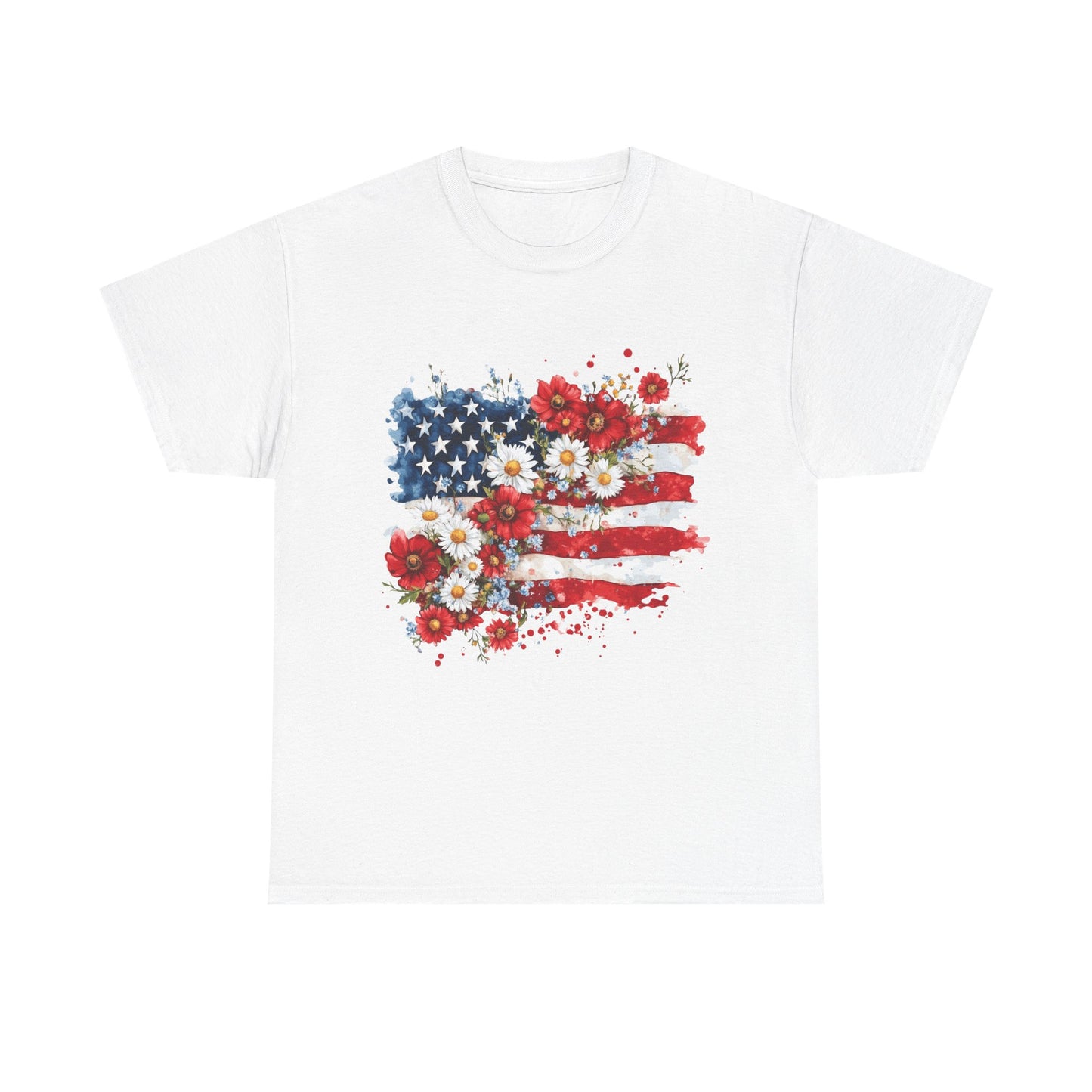 Floral Flag Patriotic T-Shirt in White - Front View
