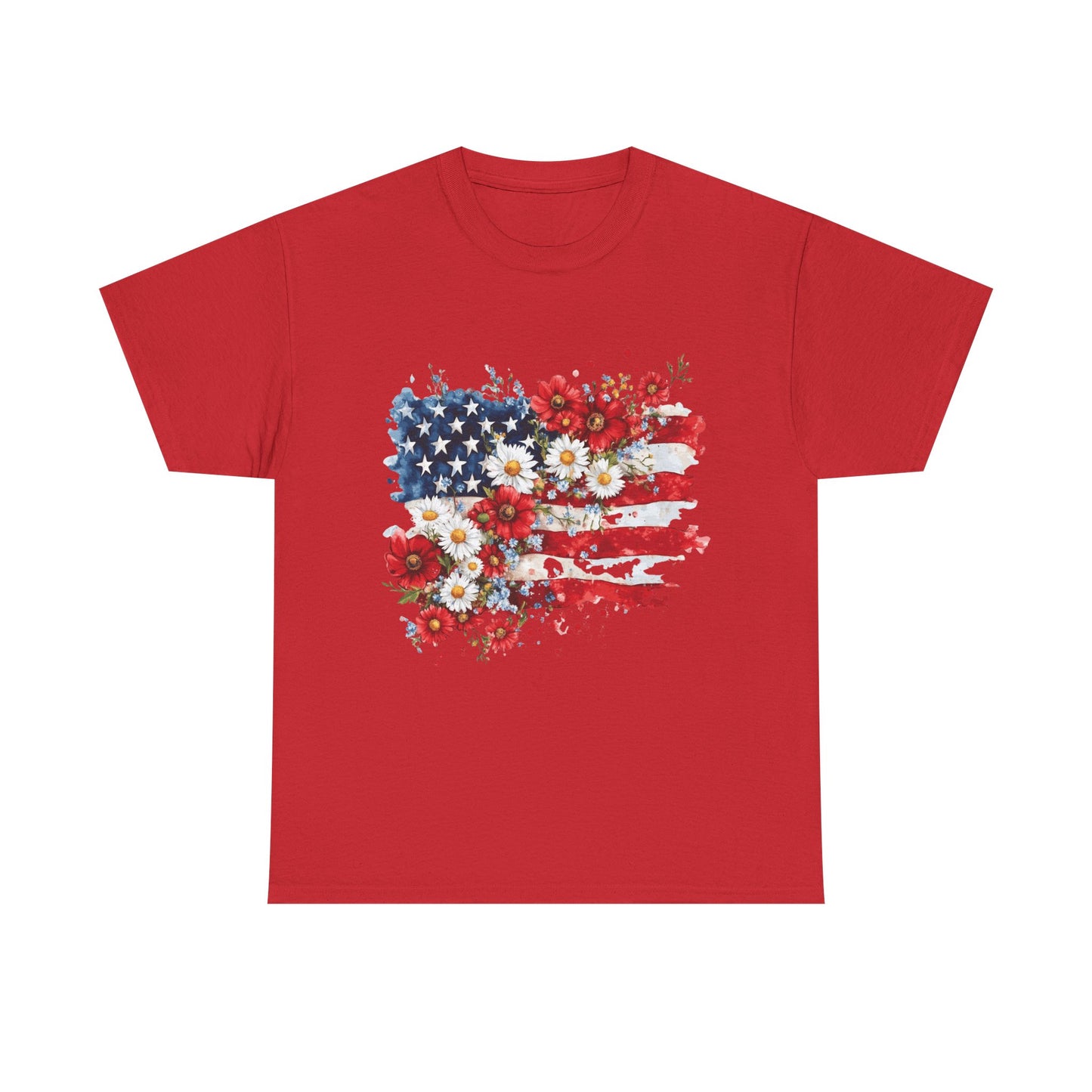 Floral Flag Patriotic T-Shirt in Red - Front View
