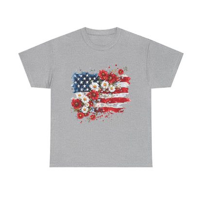 Floral Flag Patriotic T-Shirt in Sport Grey - Front View
