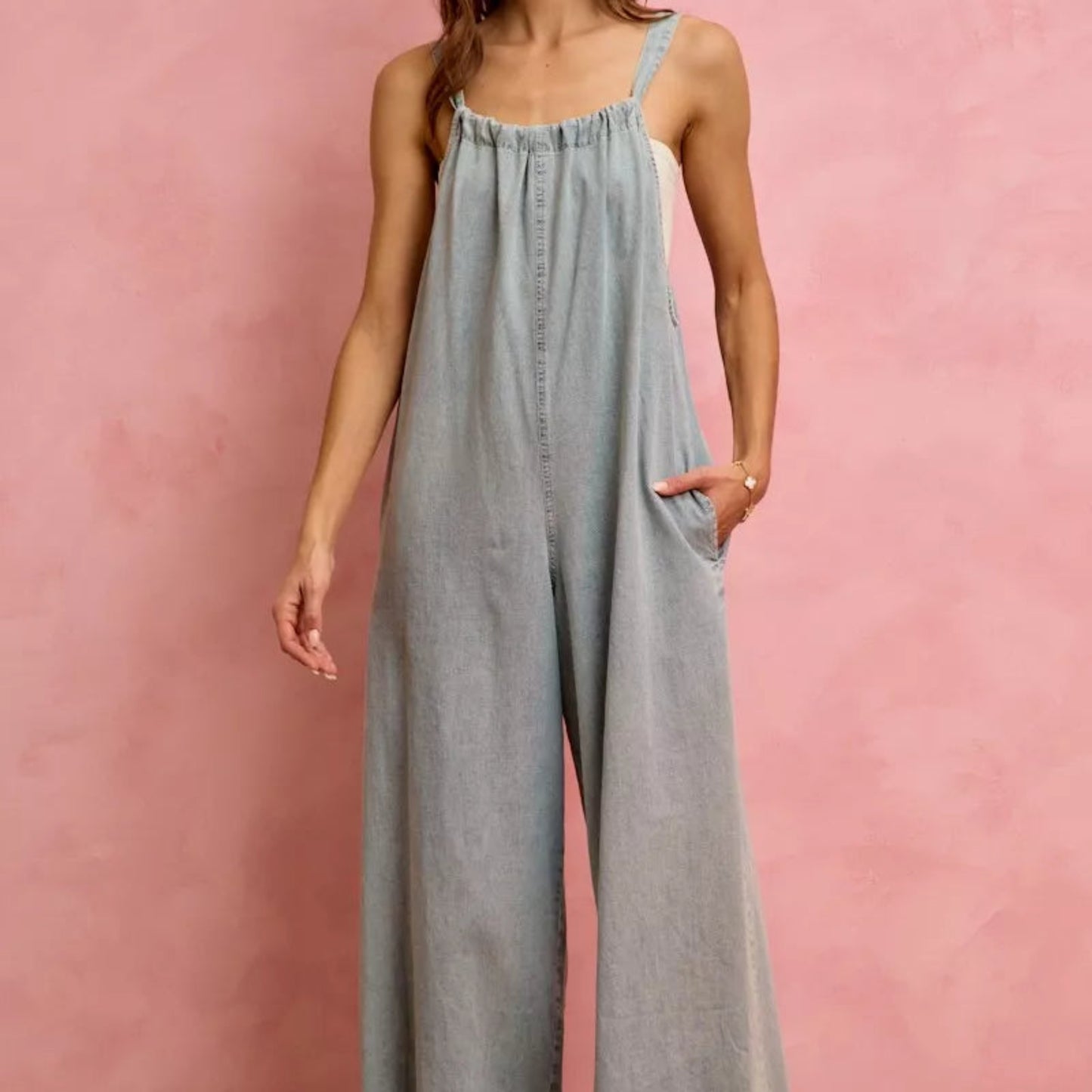 SO ME Wide Leg Lightweight Denim Overalls in Light Denim - Lifestyle View 5 