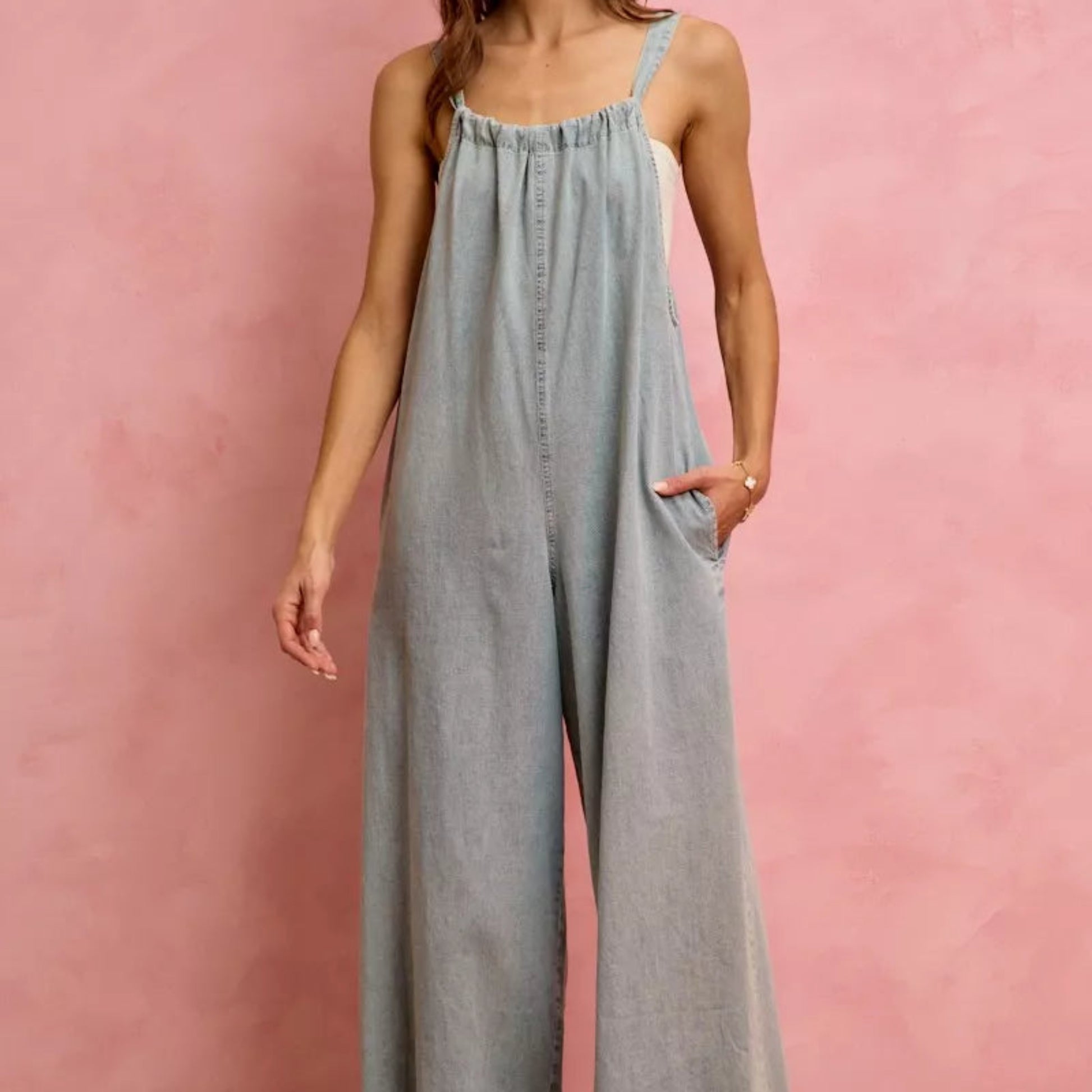 SO ME Wide Leg Lightweight Denim Overalls in Light Denim - Lifestyle View 5 