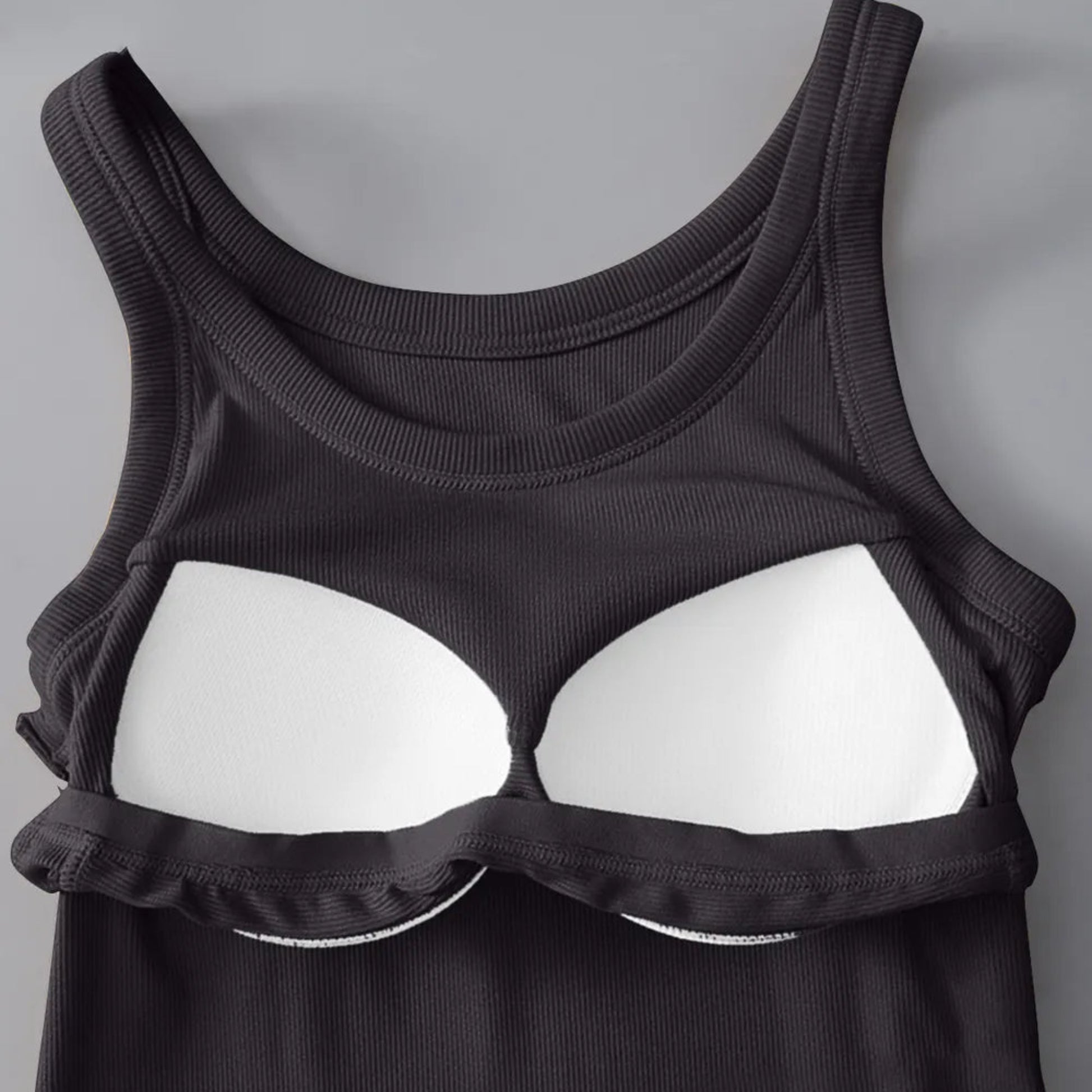Round Neck Tank with Bra in Dark Gray - Detail View
