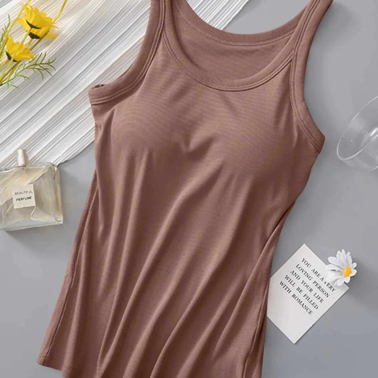 Round Neck Tank with Bra in Khaki - Front View