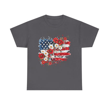 Floral Flag Patriotic T-Shirt in Charcoal - Front View
