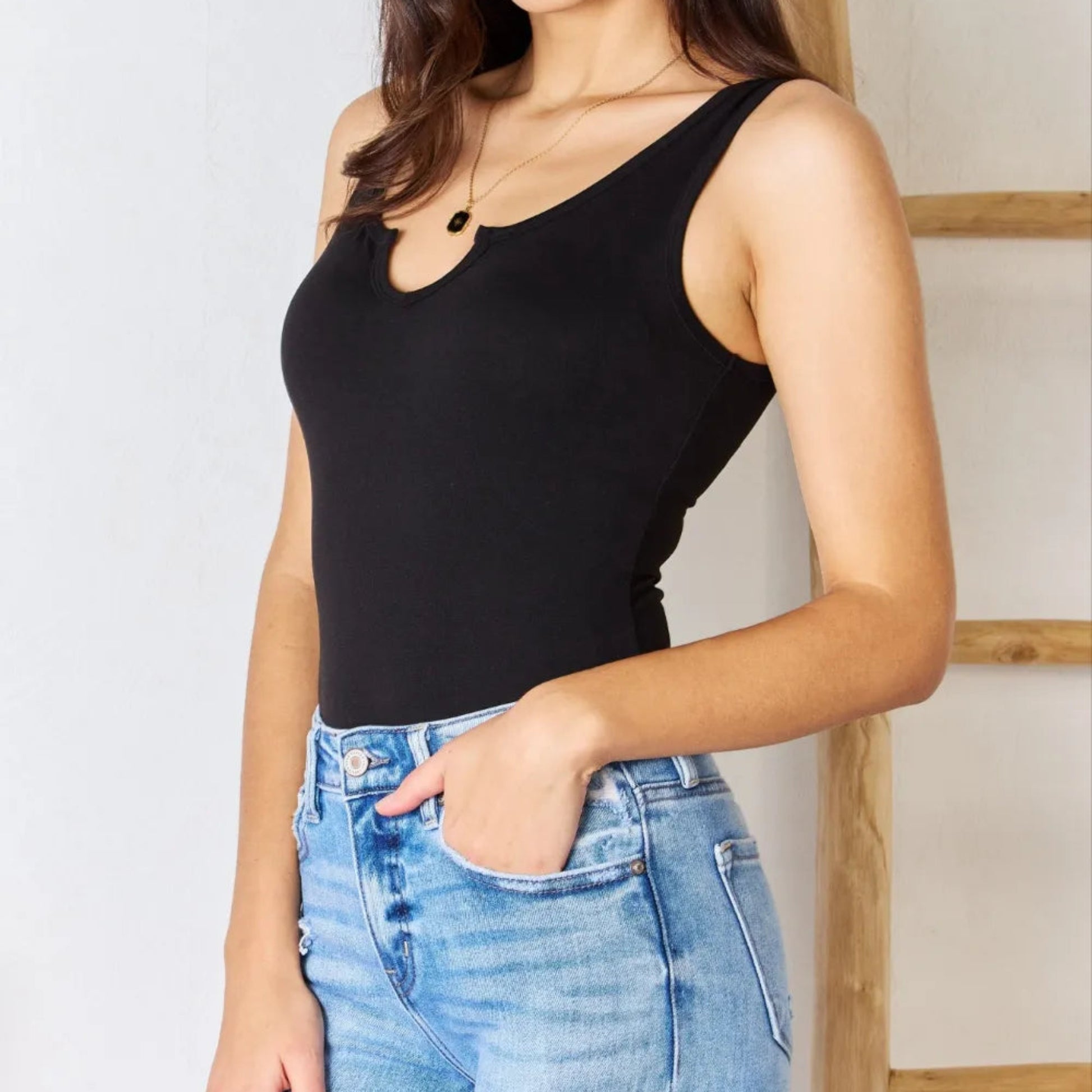 Zenana Microfiber Notched Sleeveless Bodysuit in Black - Side View
