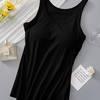 Round Neck Tank with Bra in Black - front View