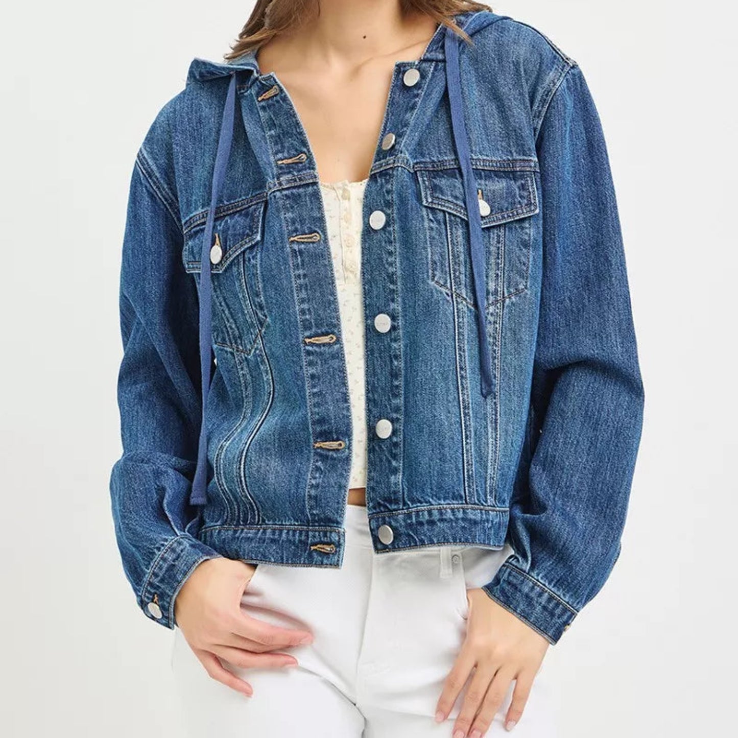 RISEN Hooded Denim Jacket in Medium Wash - Lifestyle View 2