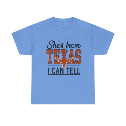 She's From Texas I Can Tell T-Shirt in Carolina Blue - Front View
