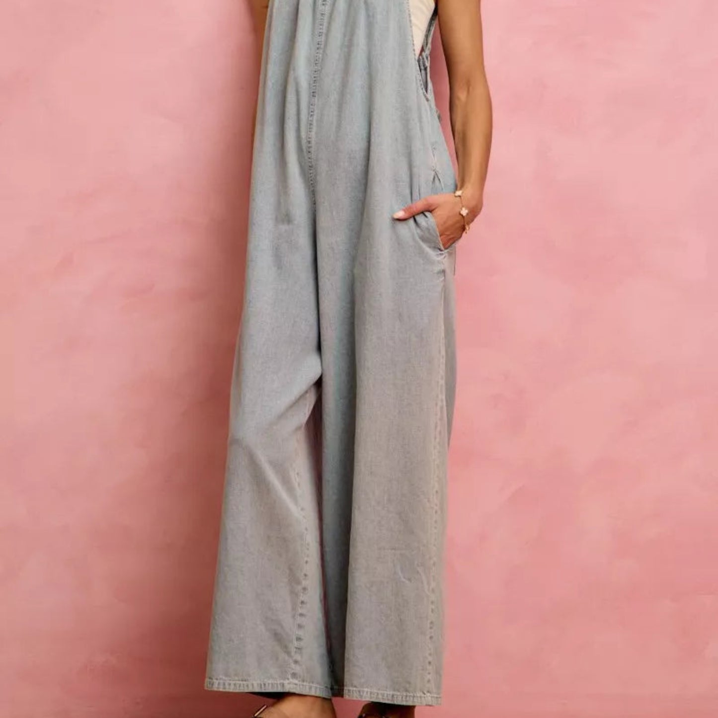 SO ME Wide Leg Lightweight Denim Overalls in Light Denim - Lifestyle View 8 