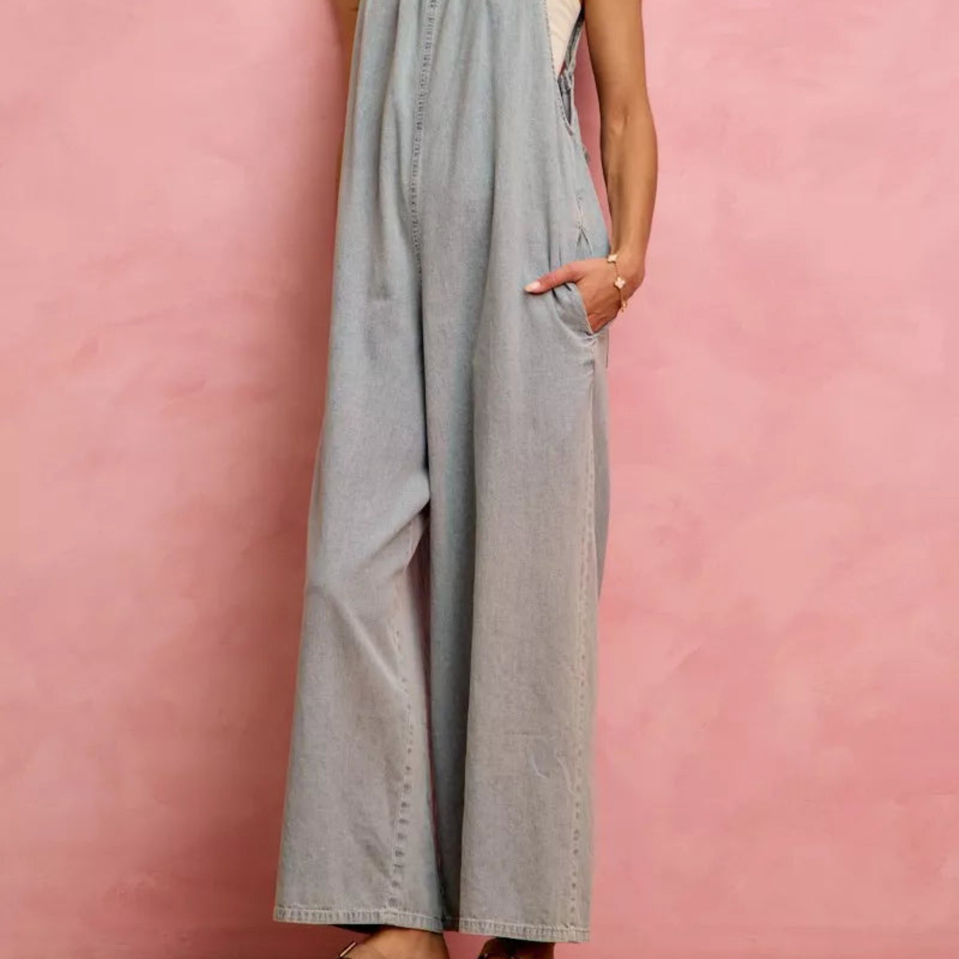 SO ME Wide Leg Lightweight Denim Overalls in Light Denim - Lifestyle View 8 