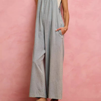 SO ME Wide Leg Lightweight Denim Overalls in Light Denim - Lifestyle View 8 