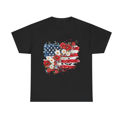 Floral Flag Patriotic T-Shirt in Black - Front View
