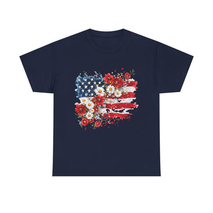 Floral Flag Patriotic T-Shirt in Navy - Front View
