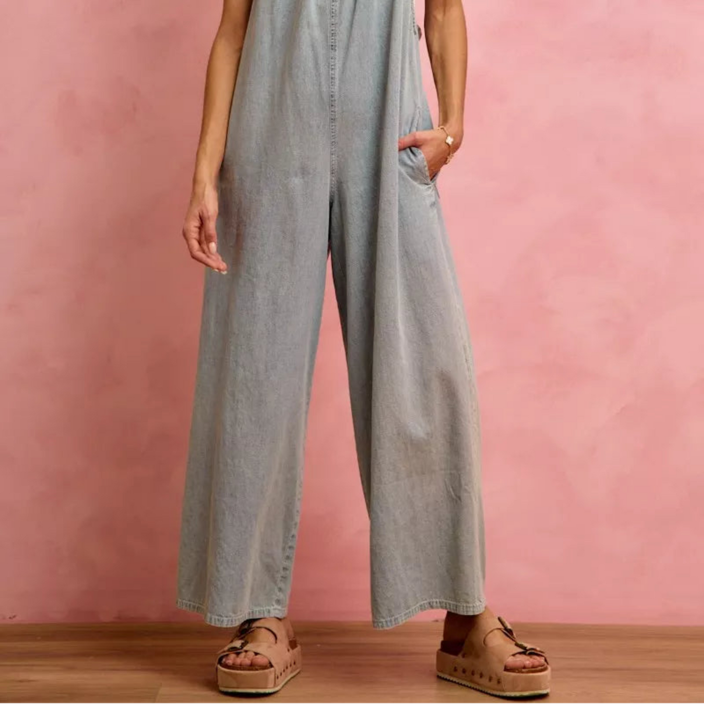 SO ME Wide Leg Lightweight Denim Overalls in Light Denim - Lifestyle View 3