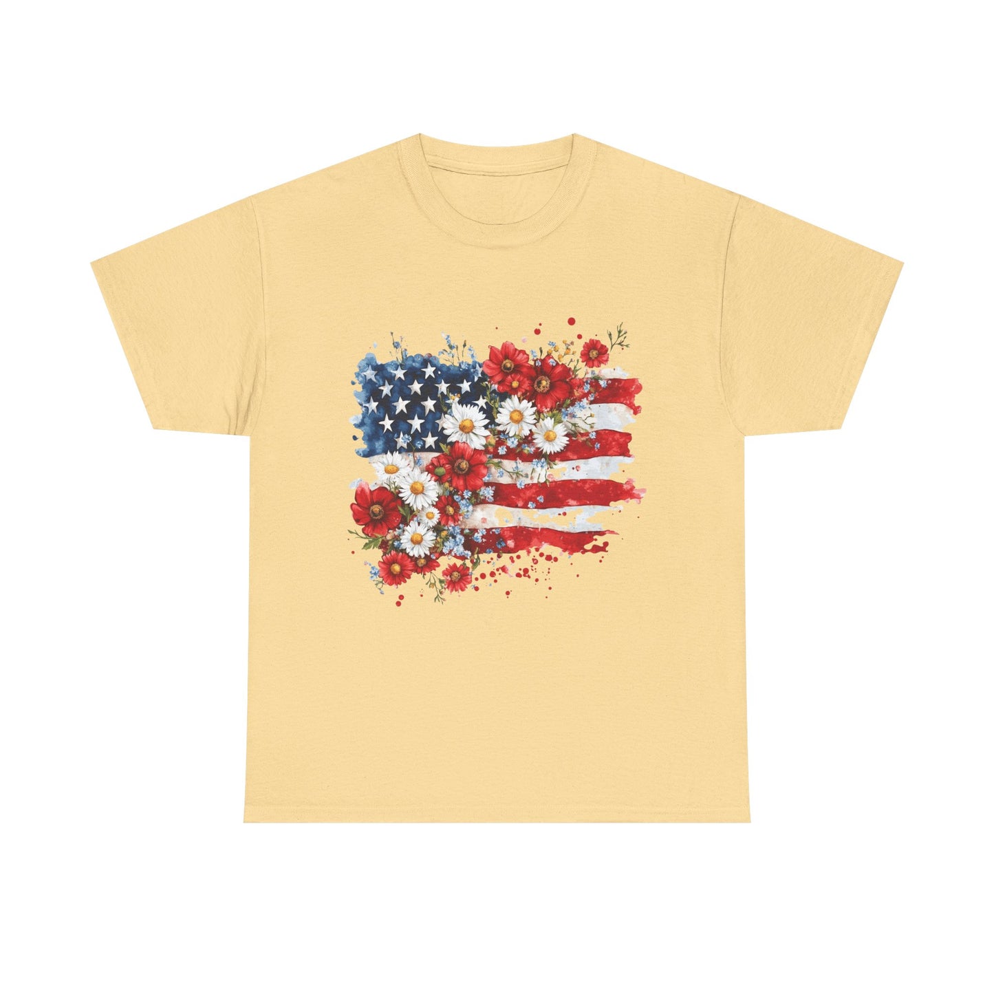 Floral Flag Patriotic T-Shirt in Yellow Haze - Front View

