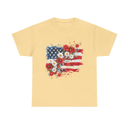 Floral Flag Patriotic T-Shirt in Yellow Haze - Front View
