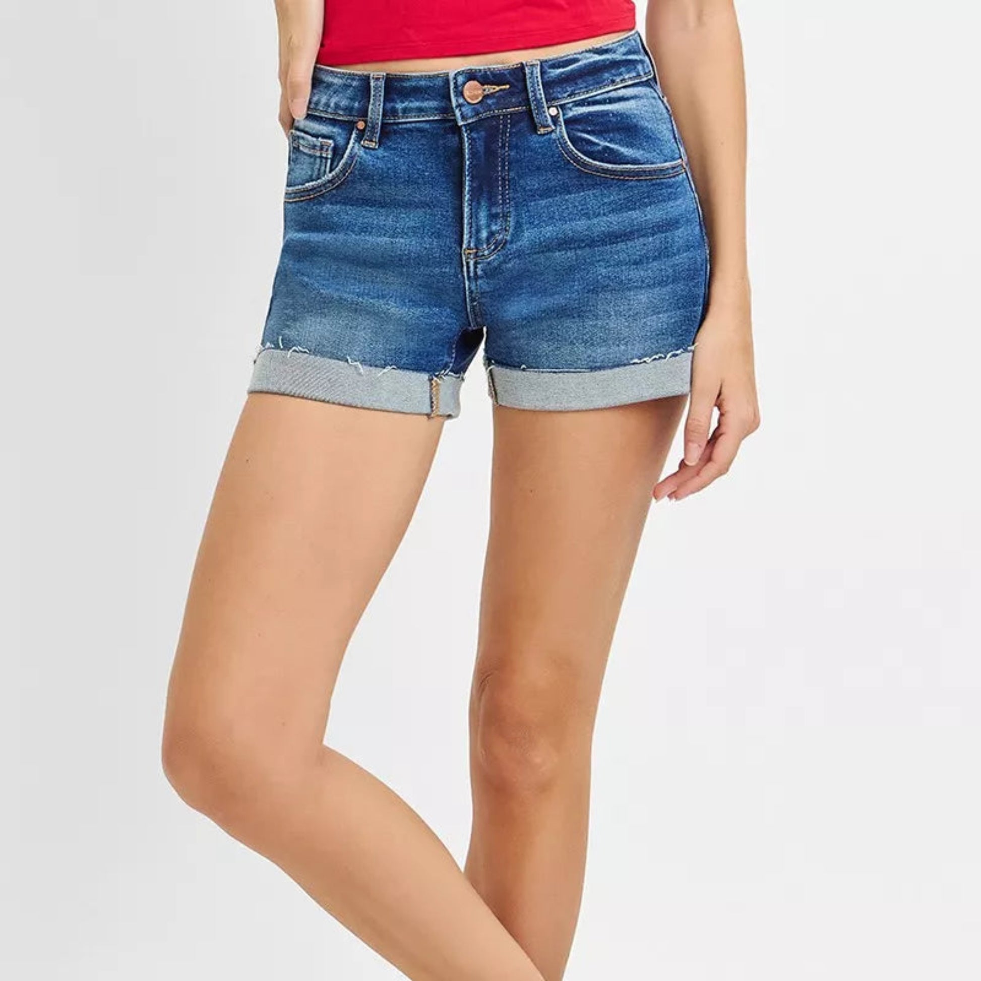 RISEN Low Rise Cuffed Denim Shorts in Dark Wash - Lifestyle View 3