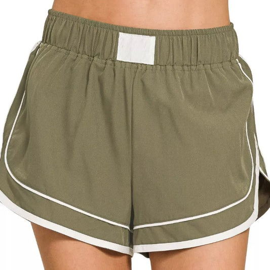 Zenana Soft Woven Lined Dolphin Shorts in Dusty Olive - Front View