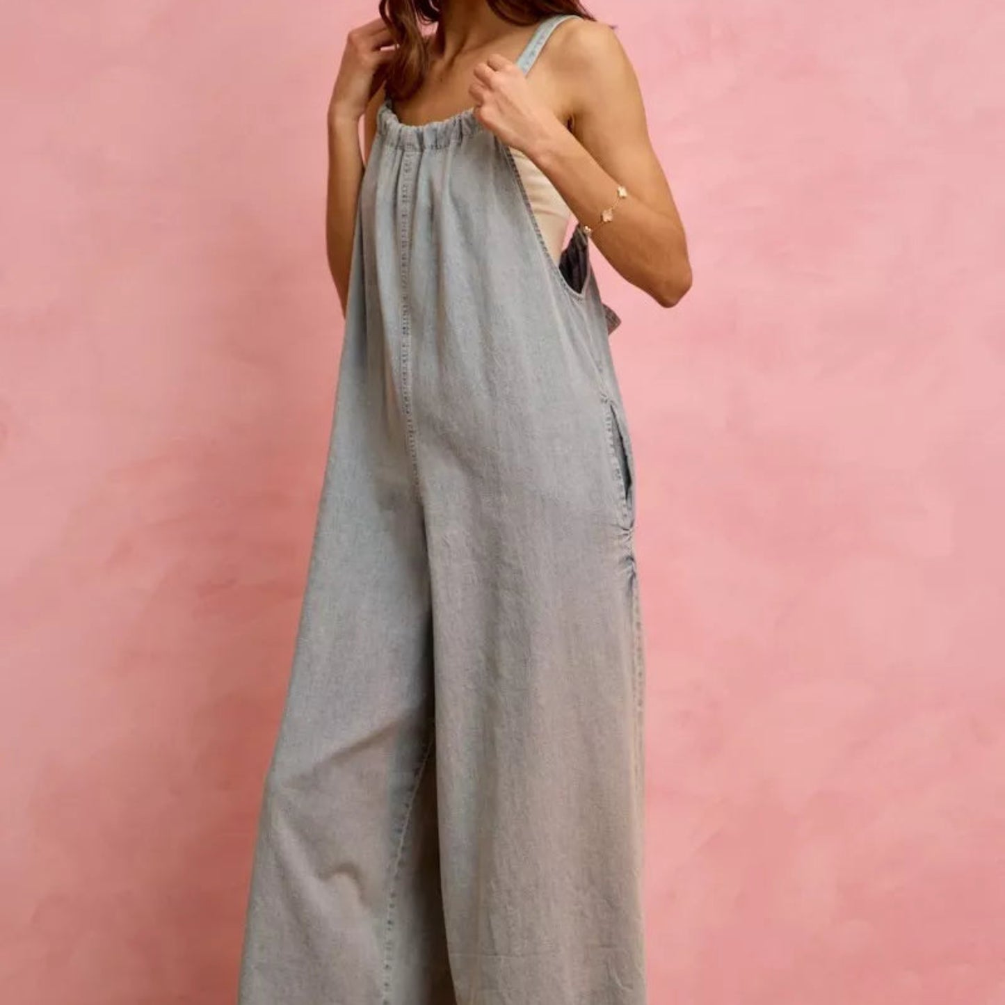 SO ME Wide Leg Lightweight Denim Overalls in Light Denim - Lifestyle View 9