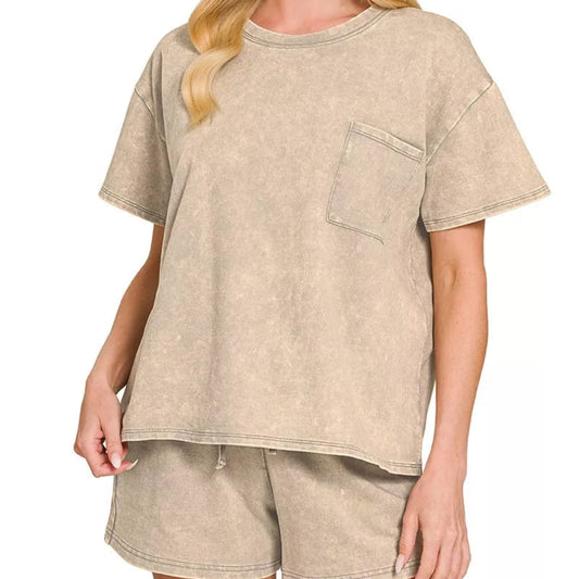 Zenana French Terry Acid Washed Relaxed Top And Short Set in Sleet - Front View