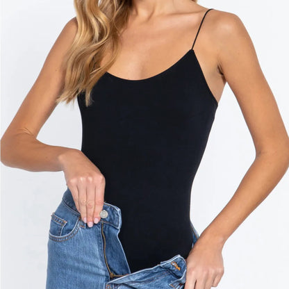 ACTIVE BASIC Ribbed Round Neck Seamless Cami Bodysuit in Black - Front View