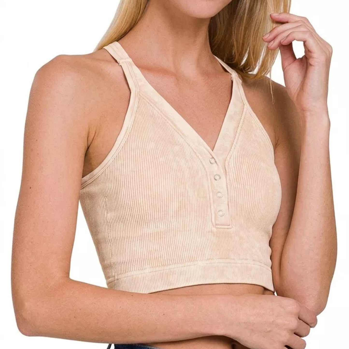 Zenana Washed Ribbed Seamless Button V-Neck Tank Top in Sand Beige - Side View
