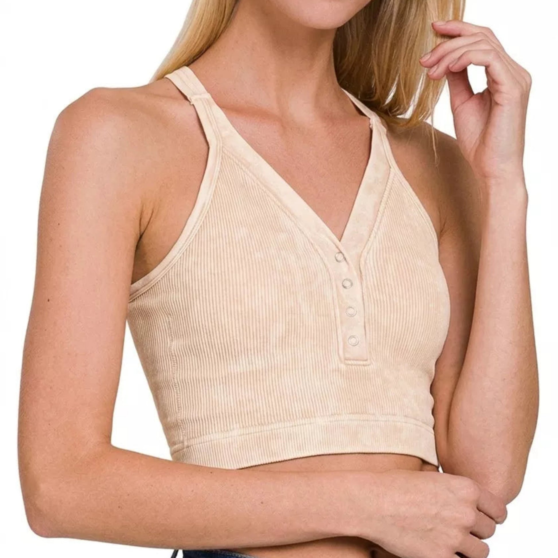 Zenana Washed Ribbed Seamless Button V-Neck Tank Top in Sand Beige - Side View