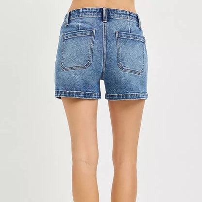 RISEN High Rise Front Tie Up Shorts with Patch Pockets in Medium Wash - Back View